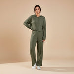 Yemelia olive green ribbed knit hoodie and relaxed pants set. Casual hooded top with matching straight-leg pants.