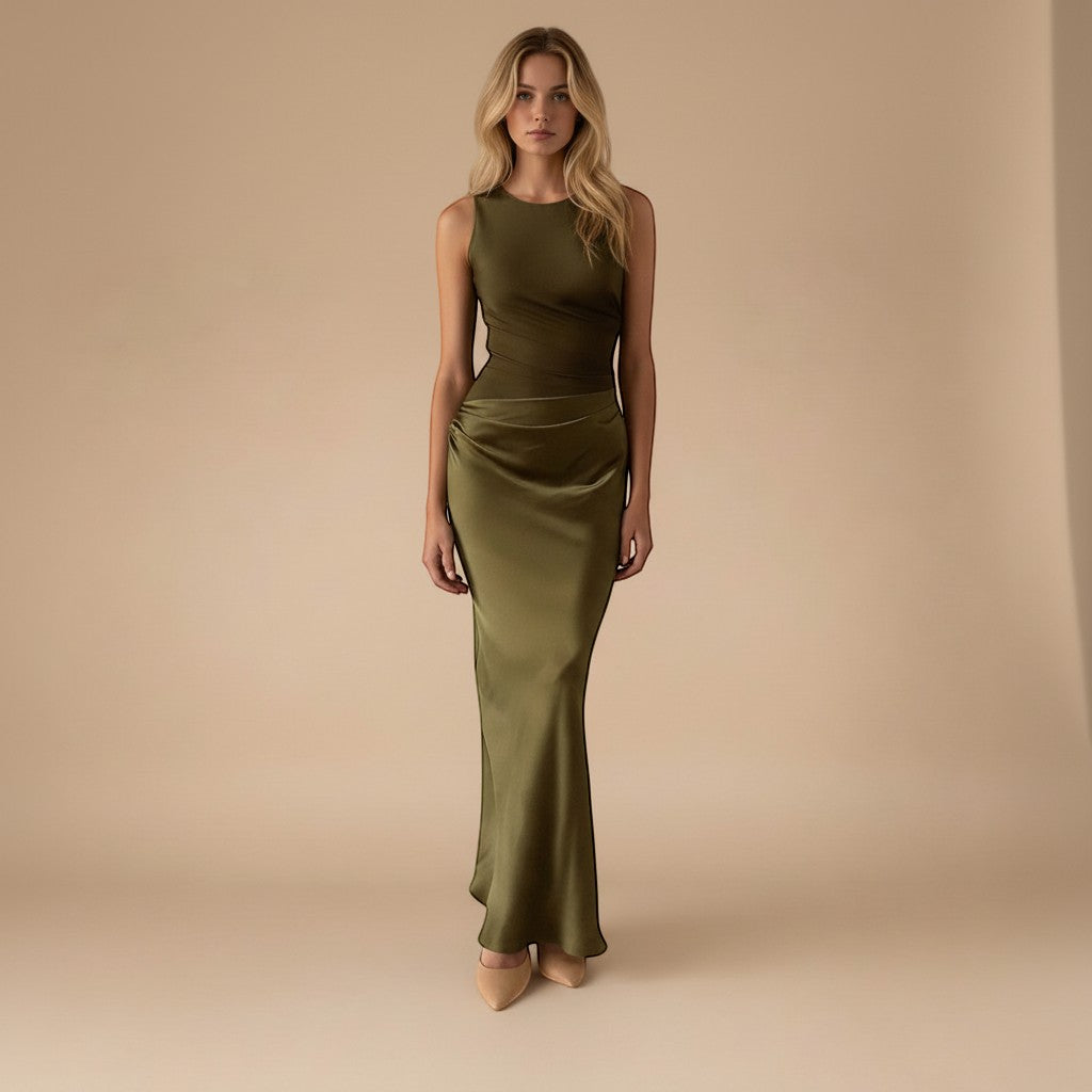 Yemelia olive green satin one shoulder evening gown with sculpted fit and floor-length silhouette.