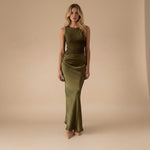Yemelia olive green satin one shoulder evening gown with sculpted fit and floor-length silhouette.