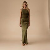 Yemelia olive green satin one shoulder evening gown with sculpted fit and floor-length silhouette.