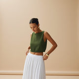 Yemelia sleeveless olive green textured knit crop top with clean neckline and structured fit.