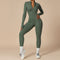 Yemelia olive green long sleeve zip front sculpting one piece jumpsuit made of stretch fabric.