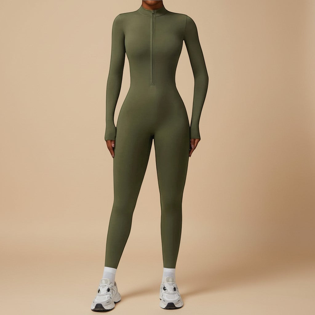 Yemelia olive green long sleeve zip front sculpting one piece jumpsuit with full-length legs and high neckline.