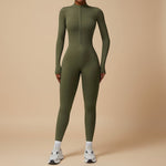 Yemelia olive green long sleeve zip front sculpting one piece jumpsuit with full-length legs and high neckline.