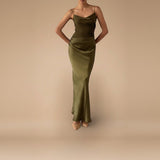 Yemelia olive green satin one shoulder evening gown with sculpted fit and floor-length silhouette.