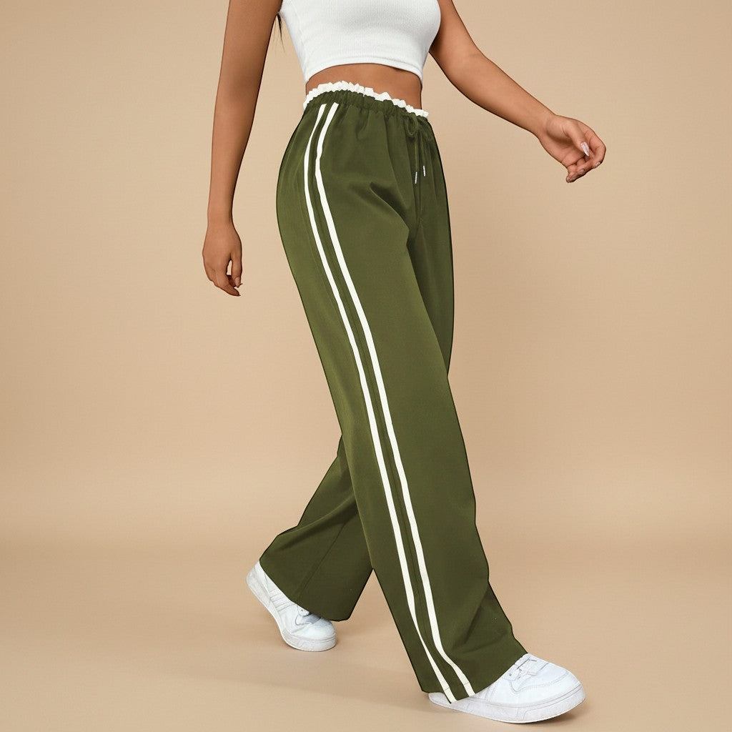 Yemelia olive green high waist wide leg track pants with white side stripes and elasticated drawstring waist.