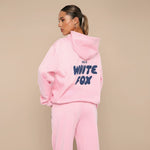 Yemelia pink relaxed fit hoodie and jogger set with graphic text accent on back. Soft cotton blend.
