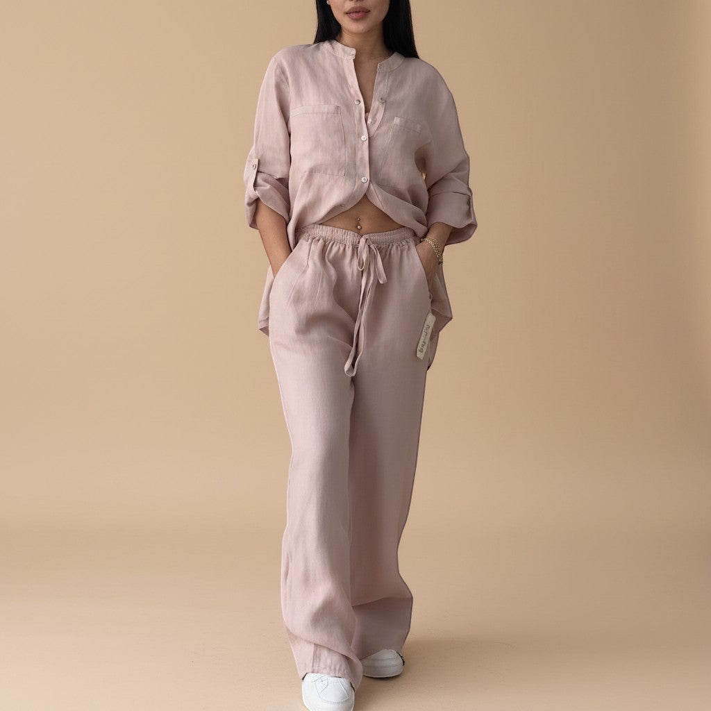 Yemelia light pink linen blend relaxed button down shirt and wide leg pants set with drawstring waist.