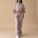 Yemelia light pink linen blend relaxed button down shirt and wide leg pants set with drawstring waist.