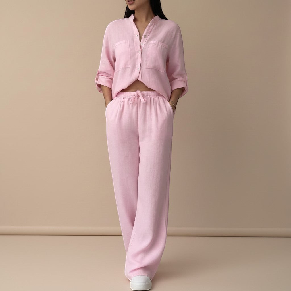 Yemelia pink linen blend relaxed button-down shirt and wide-leg pants set with drawstring waist.