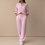 Yemelia pink linen blend relaxed button-down shirt and wide-leg pants set with drawstring waist.