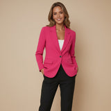 Yemelia bright pink single-button tailored blazer with structured fit, lapel neckline, and flap pockets.
