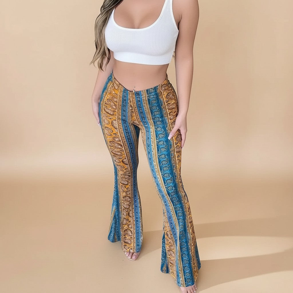 Yemelia high waist flared pants with blue and gold paisley print, made from stretch fabric.