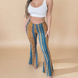 Yemelia high waist flared pants with blue and gold paisley print, made from stretch fabric.