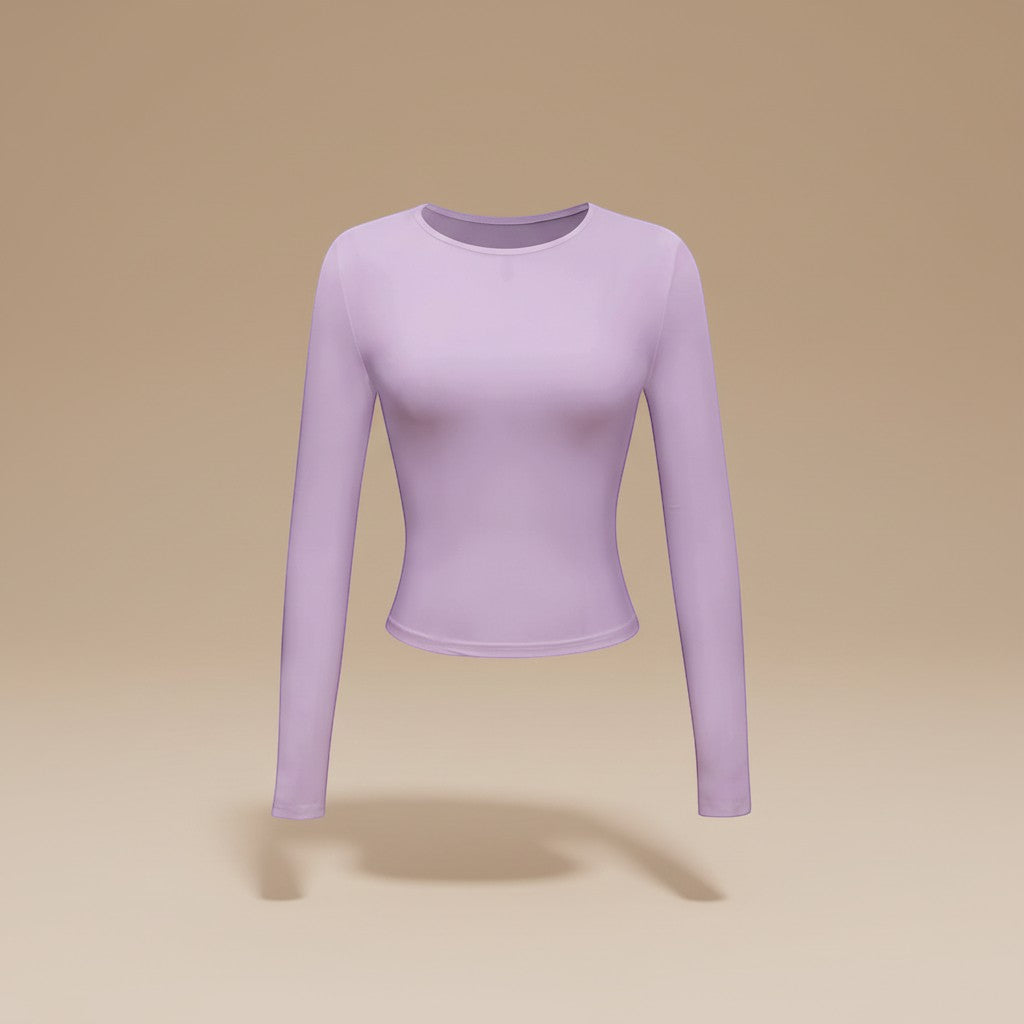 Yemelia light purple long sleeve fitted crop top with crew neck and thumbhole cuffs, made from soft stretch fabric.