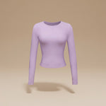 Yemelia light purple long sleeve fitted crop top with crew neck and thumbhole cuffs, made from soft stretch fabric.
