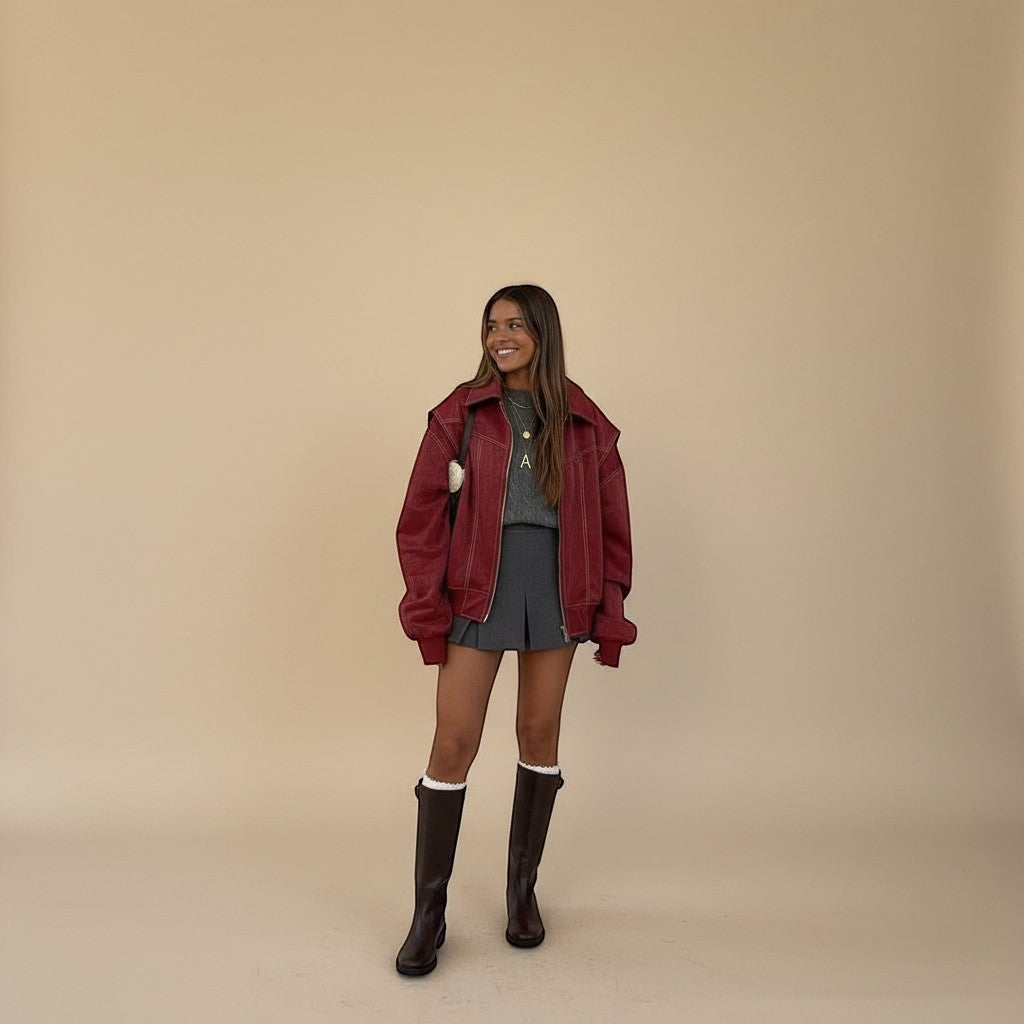 Faux Leather Zip Front Bomber Jacket with Ribbed Trim | Azuelle
