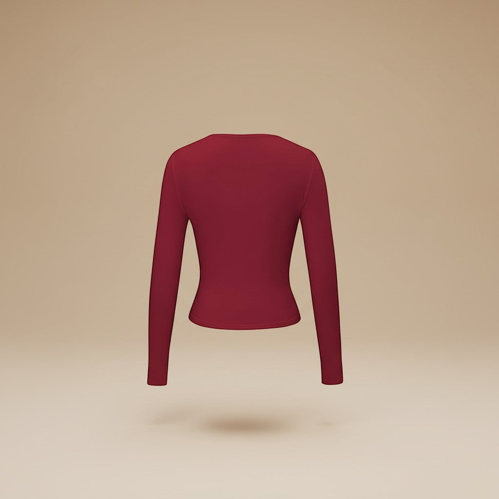 Yemelia long sleeve fitted crop top in deep red, made from soft stretch fabric with thumbhole cuffs.