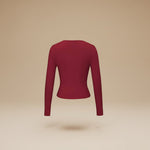 Yemelia long sleeve fitted crop top in deep red, made from soft stretch fabric with thumbhole cuffs.