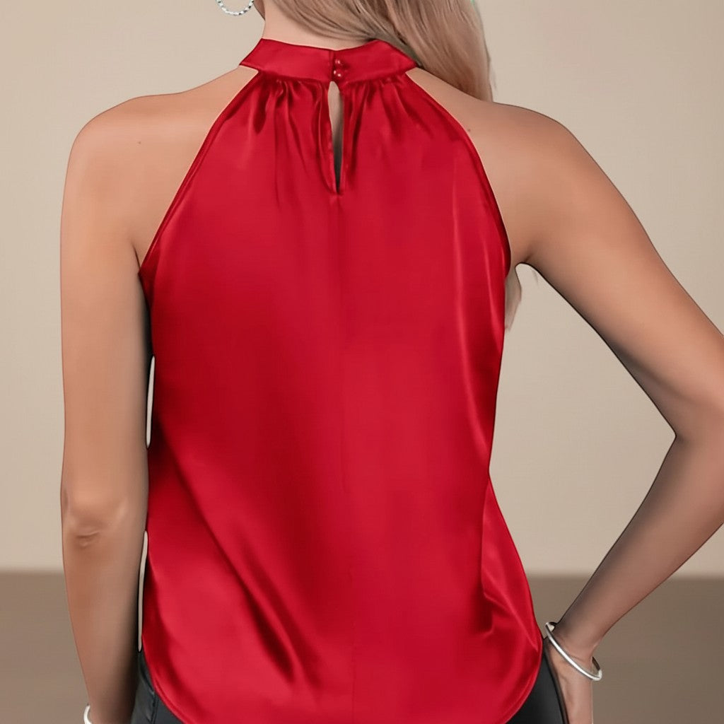 Yemelia red satin halter neck sleeveless top with draped fit and keyhole back closure.