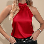 Yemelia red satin halter neck sleeveless top with draped fit, ideal for elegant evening wear.