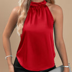 Yemelia red satin halter neck sleeveless top with draped fit, ideal for events and nights out.