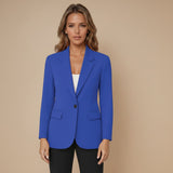 Yemelia royal blue tailored single button blazer with structured fit, lapel neckline, and flap pockets.
