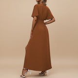 Yemelia rust orange V neck flutter sleeve maxi dress with defined waist and side slit.