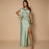 Yemelia sage green satin one shoulder evening gown with a high slit and draped detail.