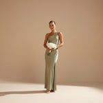 Yemelia sage green satin one-shoulder evening gown with high slit and draped bodice.
