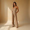 Yemelia taupe strapless wide leg jumpsuit with tailored fit, defined waist, and side pockets.