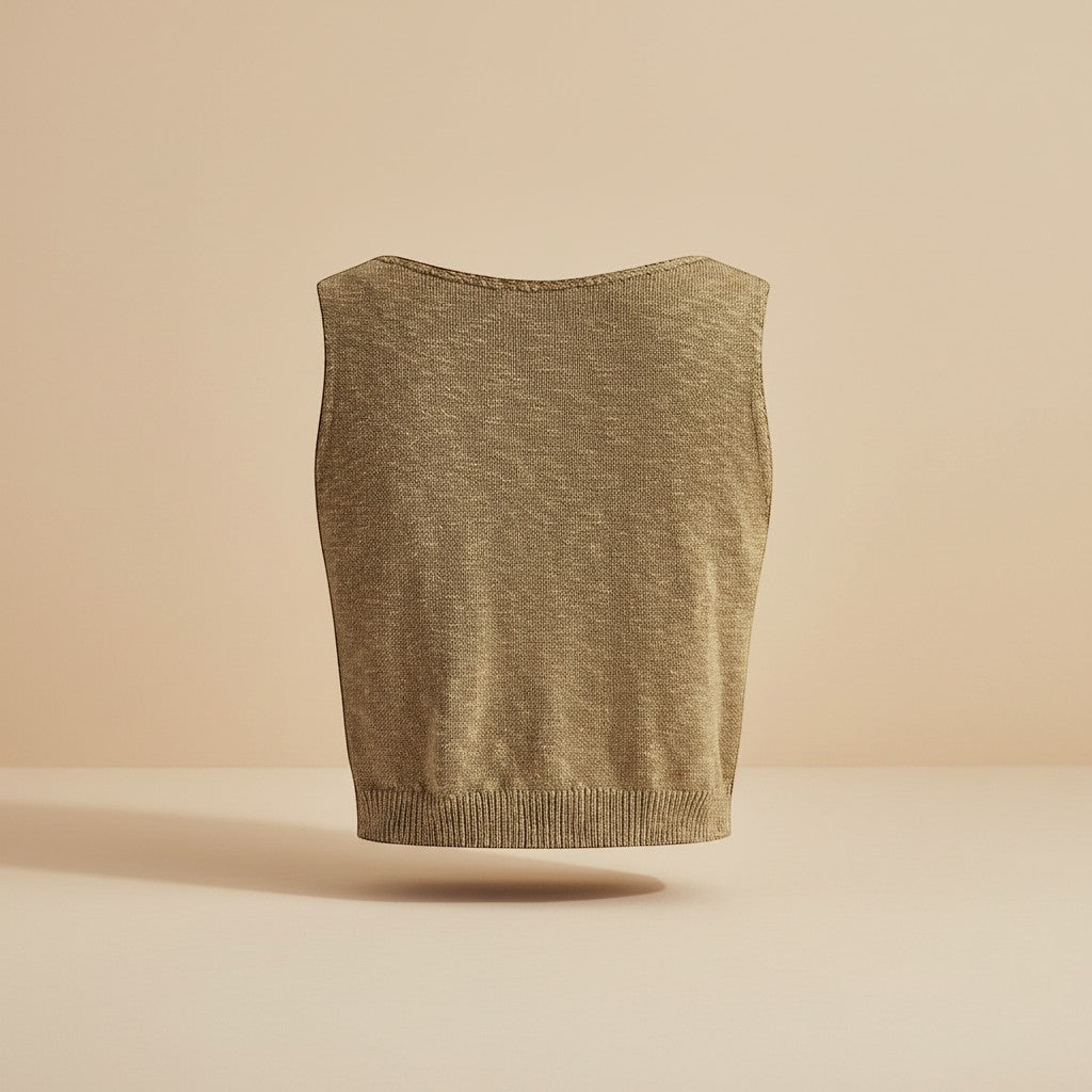Yemelia sleeveless textured crop top in a warm tan color with a clean neckline and ribbed hem.