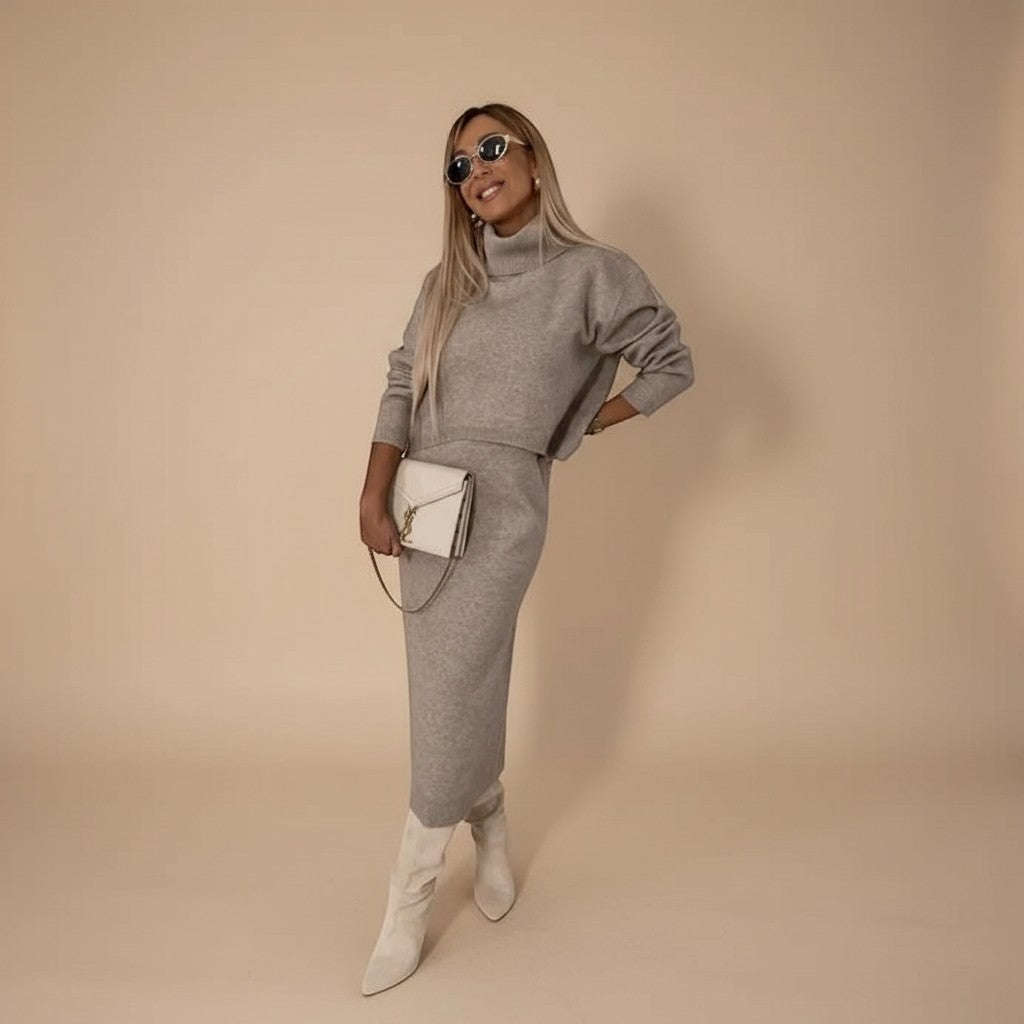 Yemelia taupe knit turtleneck sweater and midi skirt set. Relaxed fit sweater, fitted skirt, soft knit fabric.