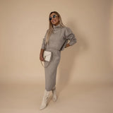 Yemelia taupe knit turtleneck sweater and midi skirt set. Relaxed fit sweater, fitted skirt, soft knit fabric.