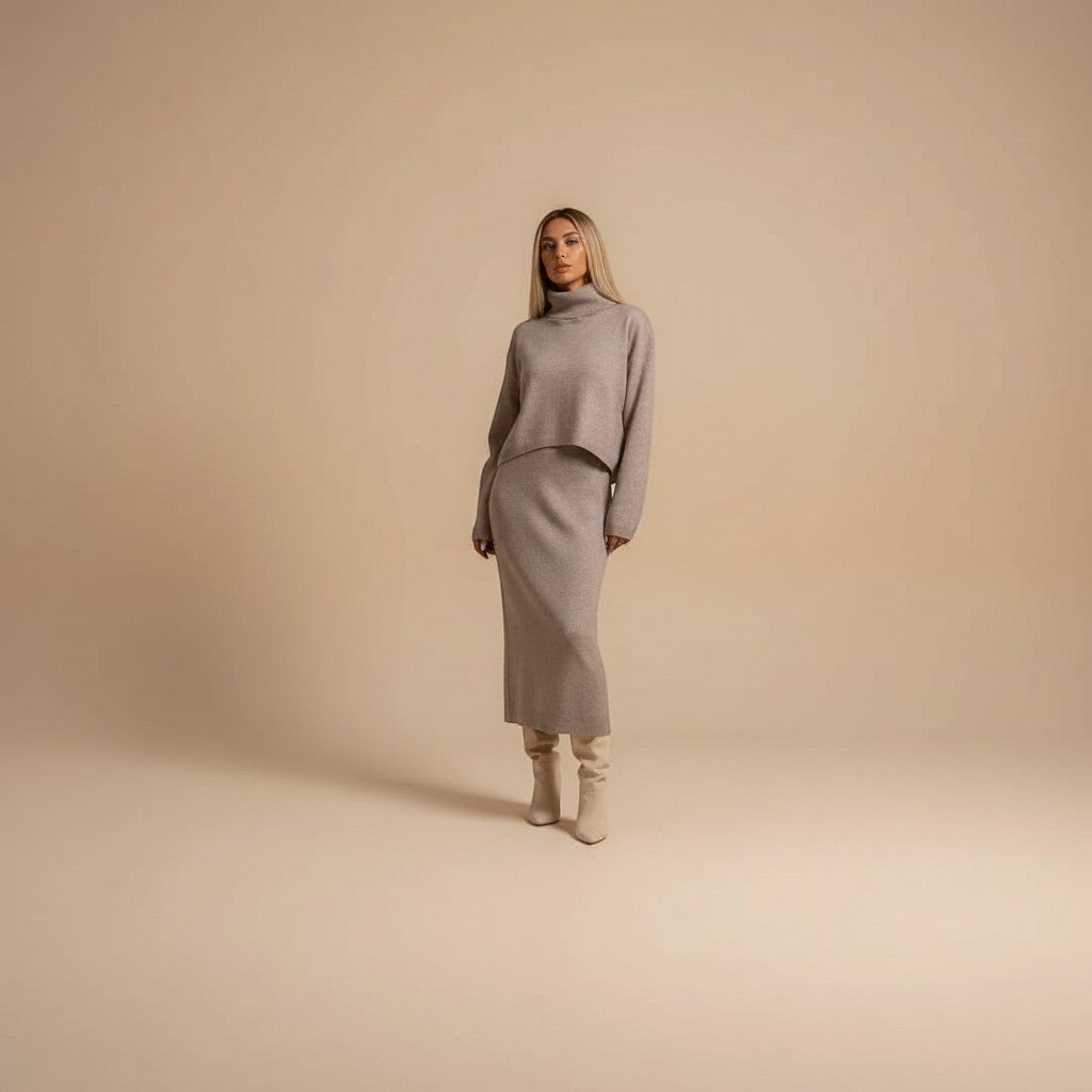 Yemelia taupe knit turtleneck sweater and midi skirt set. Relaxed fit sweater, fitted skirt, soft knit fabric.