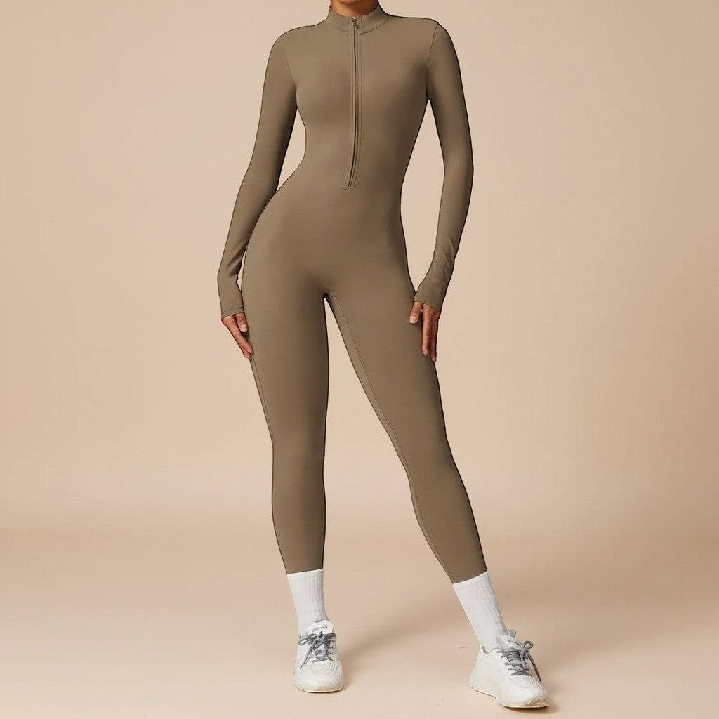 Yemelia taupe long sleeve zip front sculpting one piece jumpsuit with a high neckline and full-length fit.