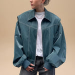 Yemelia teal blue faux leather bomber jacket with zip front, ribbed trim, and contrast stitching.