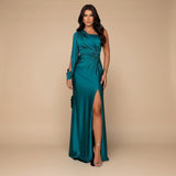 Yemelia teal satin one shoulder evening gown with high slit and draped sleeve