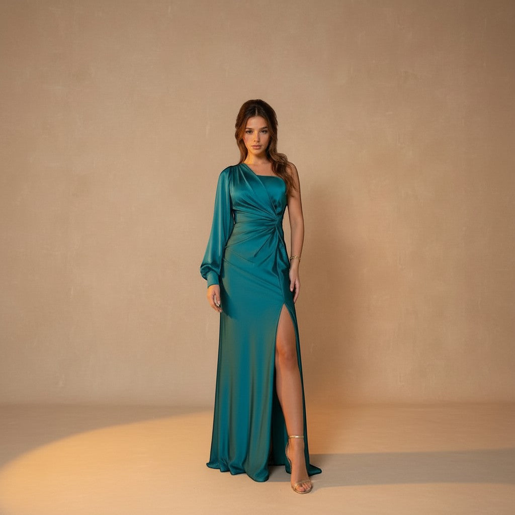 Yemelia teal satin one shoulder evening gown with high slit and draped detail. Floor-length formal dress.