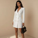 Yemelia white tailored double-breasted blazer mini dress with gold buttons and a deep V-neckline.