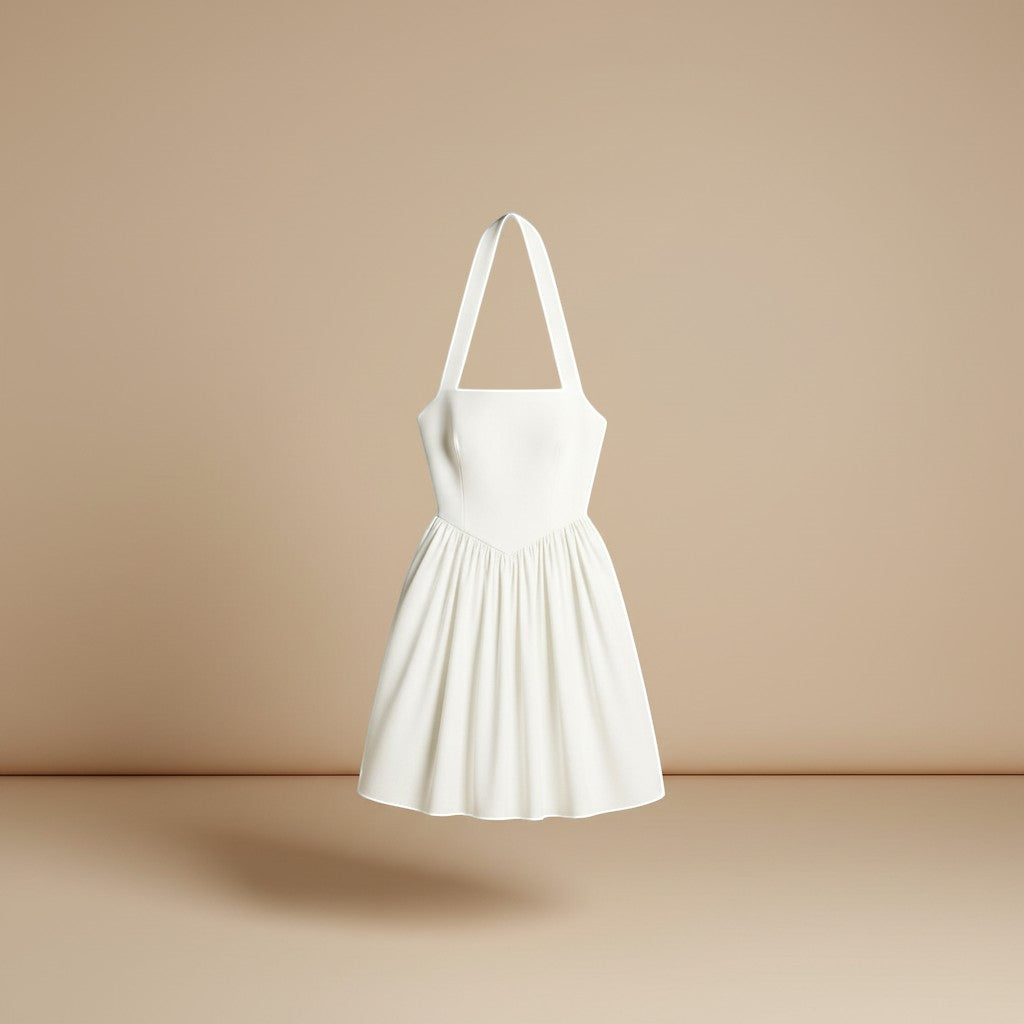 Yemelia white halter neck fit and flare midi dress with a structured bodice and flowing skirt.