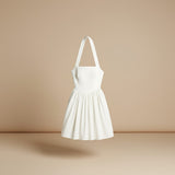 Yemelia white halter neck fit and flare midi dress with a structured bodice and flowing skirt.