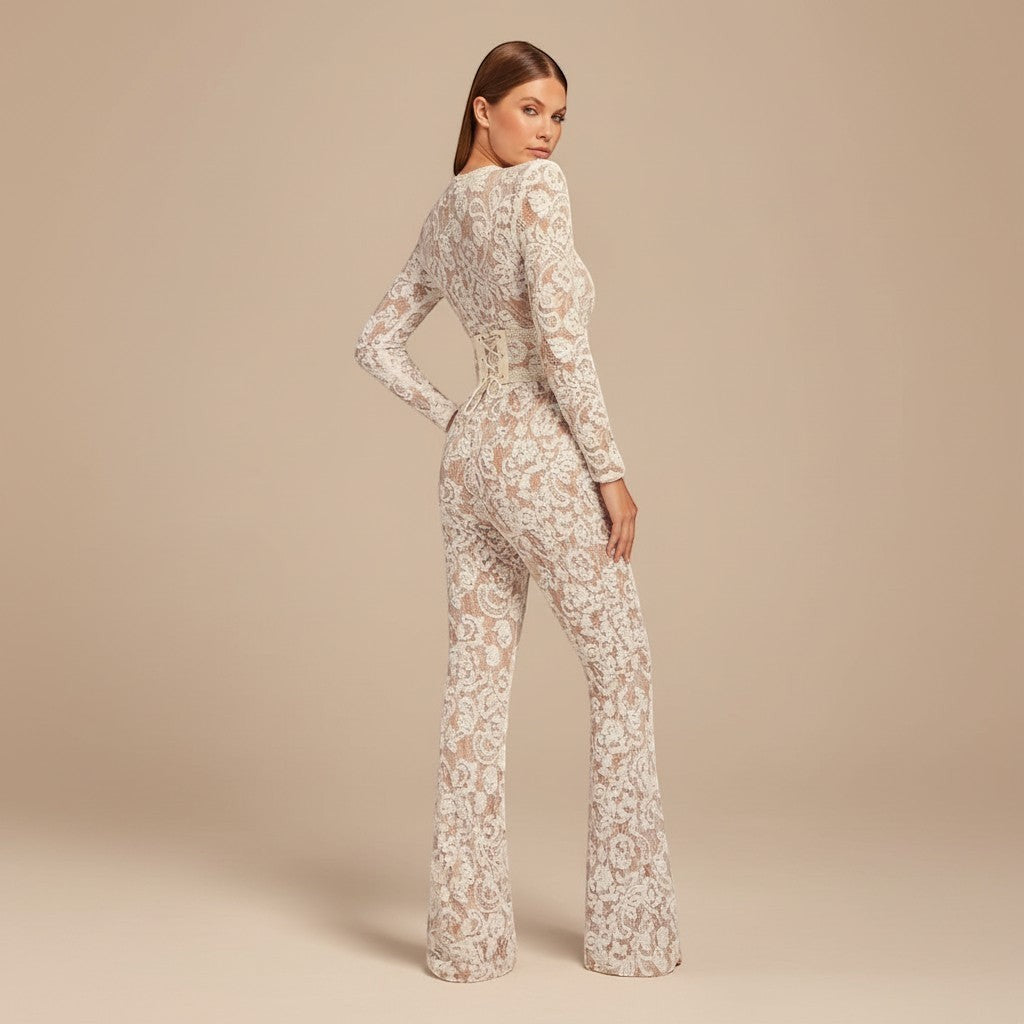 Yemelia white lace sequin jumpsuit with structured waist and wide legs, ideal for formal events.