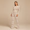 Yemelia white lace sequin jumpsuit with long sleeves, structured waist, and wide legs. Ideal for formal events.