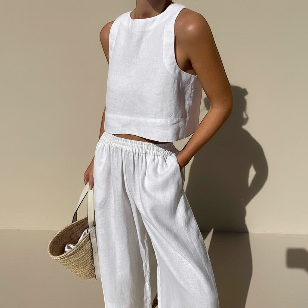 Yemelia white linen-style sleeveless crop top and wide leg pants set with elastic waistband.