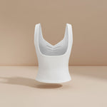 Yemelia white ruched bust square neck sleeveless fitted top made of stretch fabric.