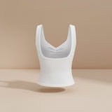Yemelia white ruched bust square neck sleeveless fitted top made of stretch fabric.