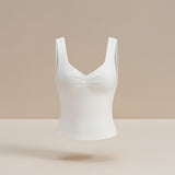 Yemelia white fitted sleeveless top with ruched bust and square neckline. Stretch fabric.