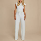 Yemelia white sleeveless wide leg jumpsuit with tie waist. Elegant and tailored for formal events or workwear.
