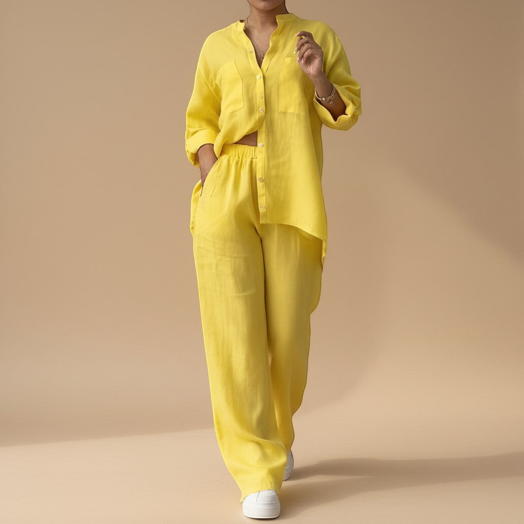 Yemelia yellow linen blend relaxed button-down shirt and wide-leg pants set with drawstring waist.